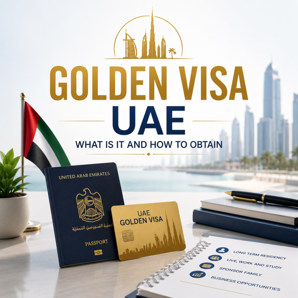 Promotional graphic for UAE Golden Visa featuring a UAE flag, a blue UAE passport, a gold UAE Golden Visa card, and a desk with documents against a city skyline.
