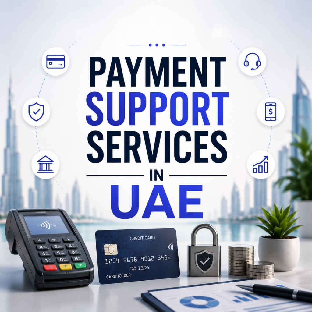 Promotional banner for payment support services in UAE, showing a card reader, credit card, lock, coins, and city skyline in the background.