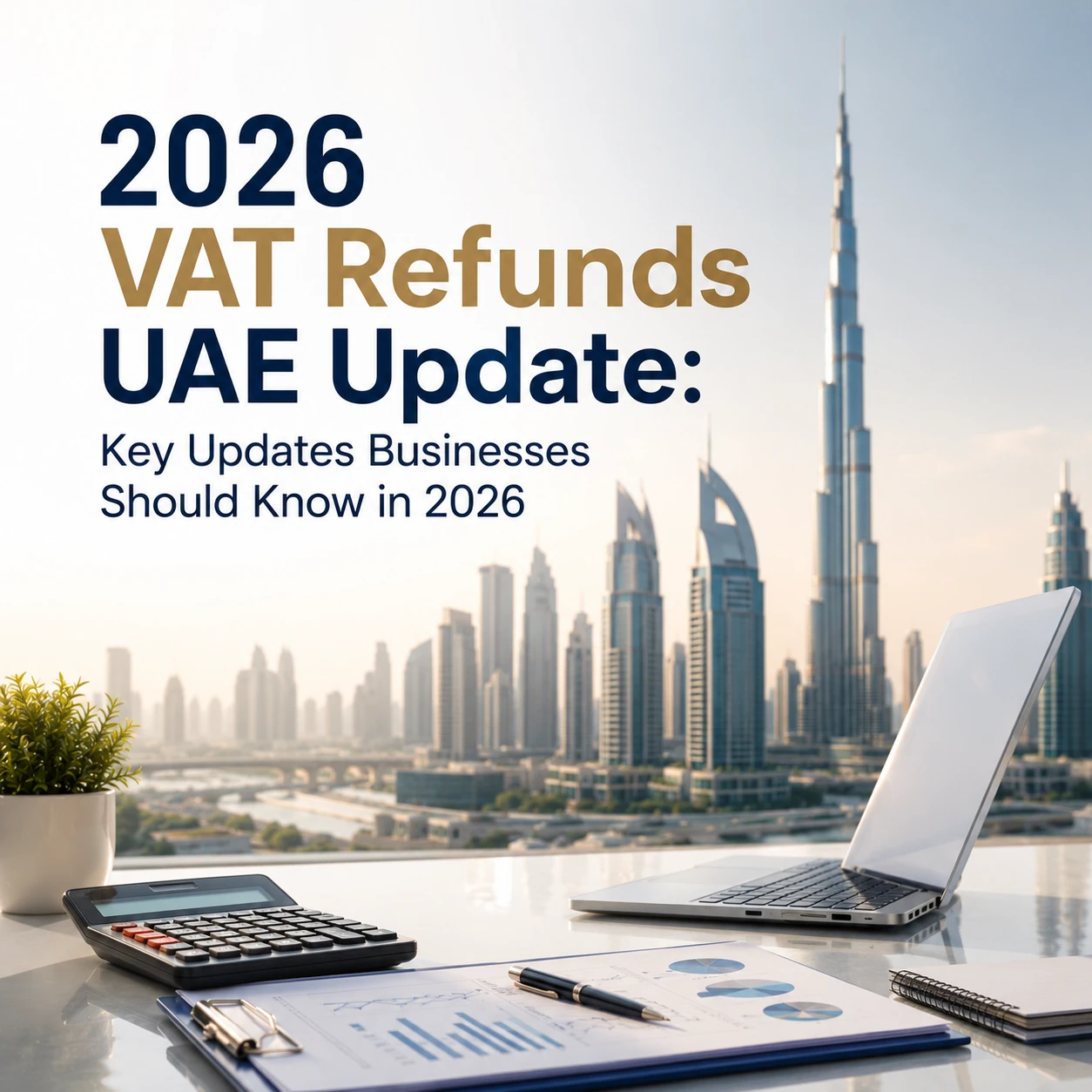 Banner announcing 2026 VAT Refunds UAE Update with Dubai-style skyline and a workspace including a laptop, calculator, and charts.