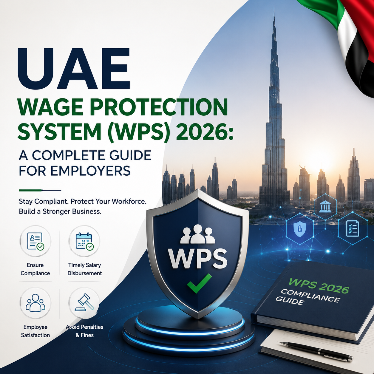 UAE Wage Protection System (WPS) 2026: A Complete Guide for Employers, featuring a WPS shield icon and the Dubai skyline with the Burj Khalifa and UAE flag
