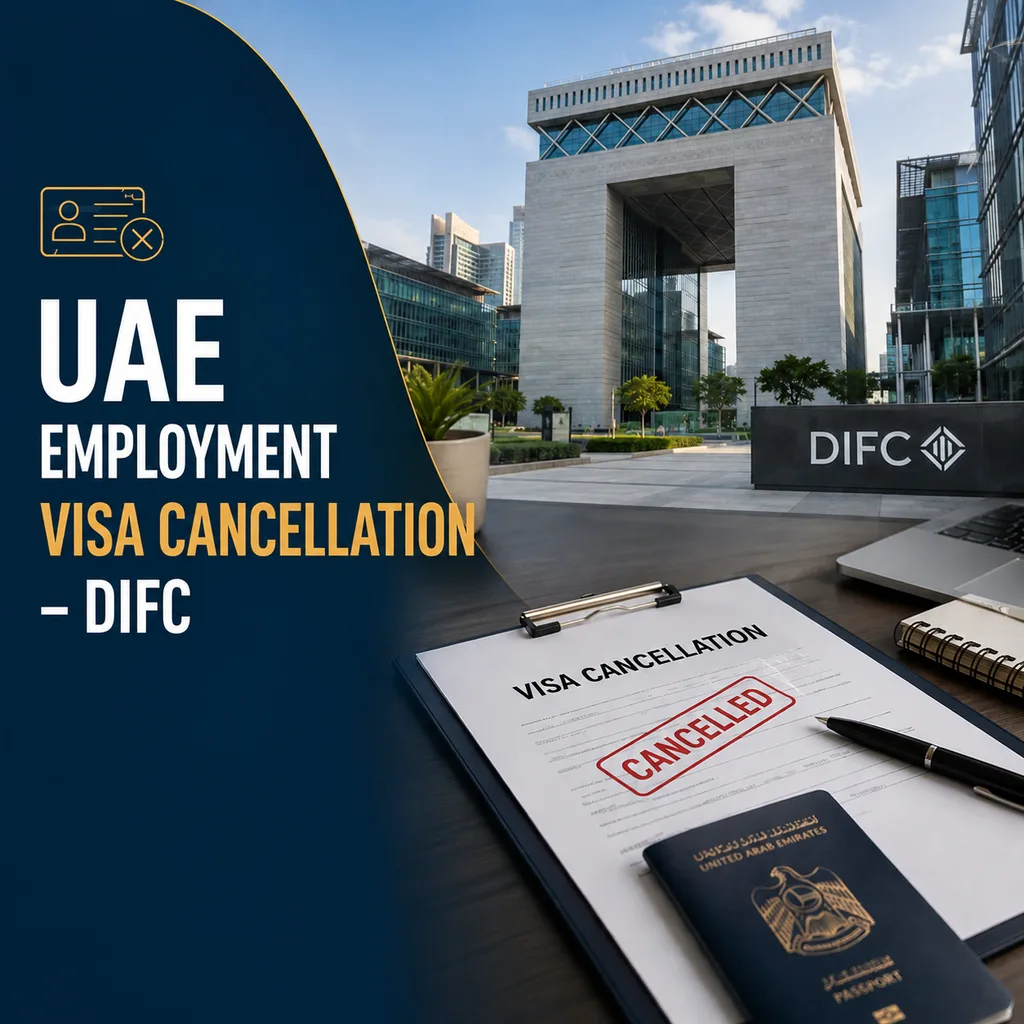 UAE Employment Visa Cancellation - DIFC: the DIFC Gate building beside a visa cancellation form stamped Cancelled and a UAE passport.