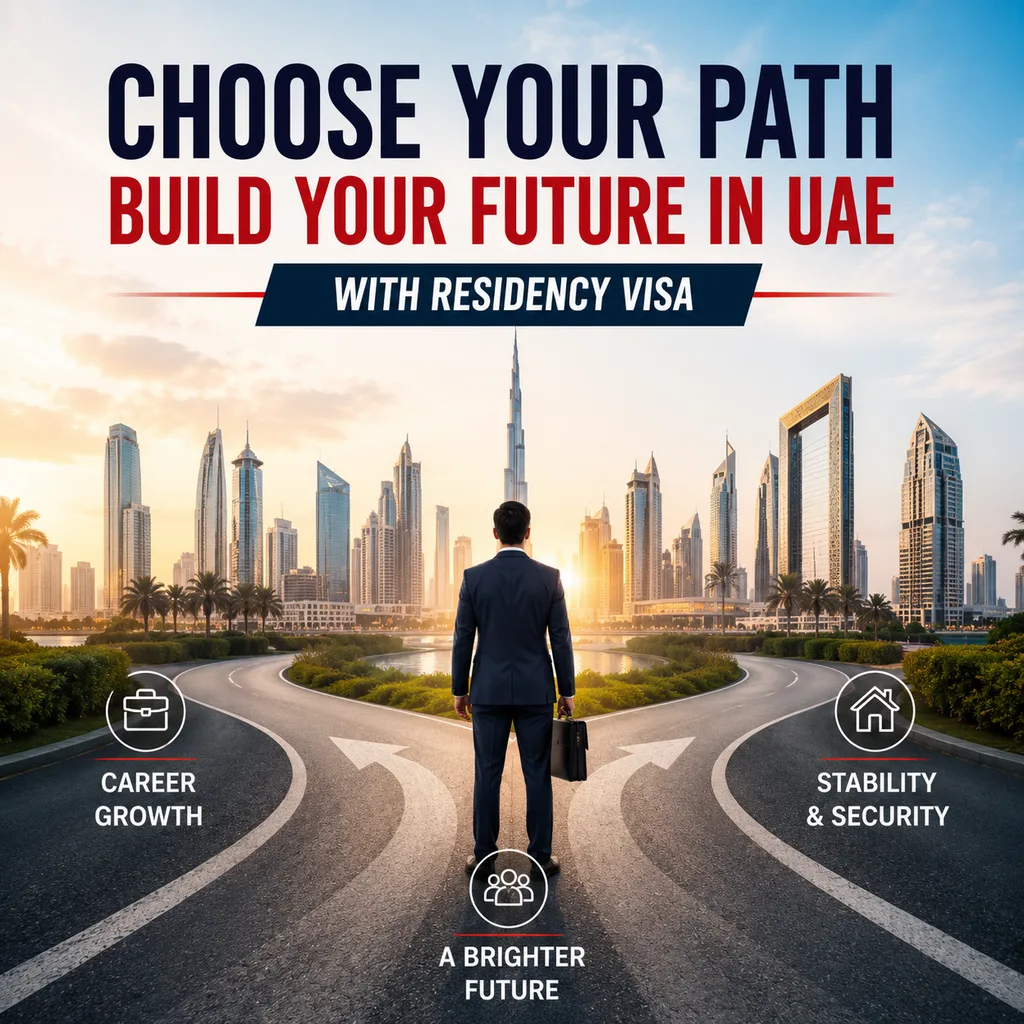 Choose Your Path, Build Your Future in UAE with Residency Visa: a professional at a fork of three roads before the Dubai skyline, marked career growth, a brighter future, and stability and security.