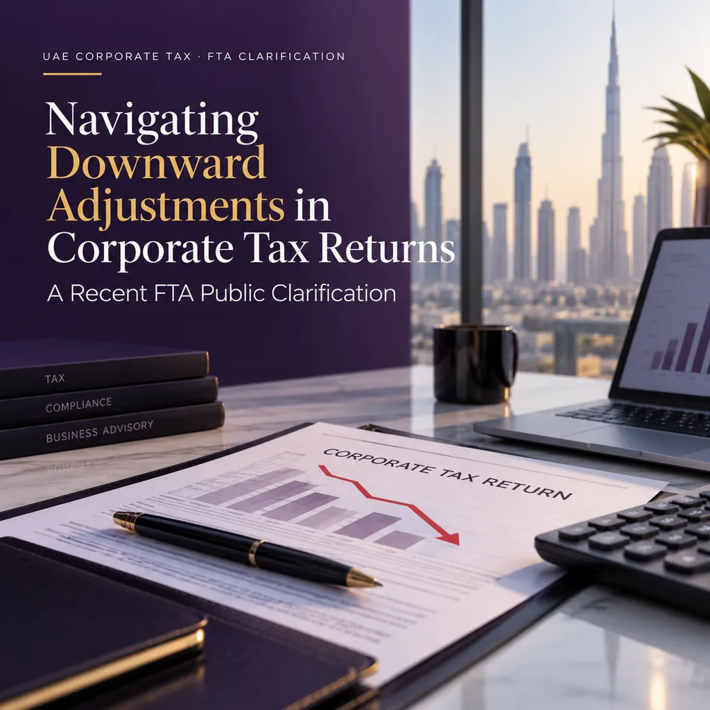 Navigating Downward Adjustments in Corporate Tax Returns, a recent FTA public clarification: a corporate tax return with a downward-trending chart beside a laptop and calculator against the Dubai skyline.